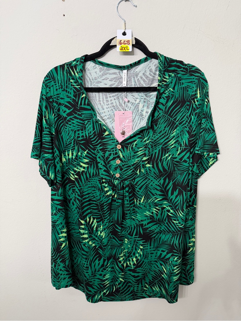 Women’s Cathy Size 2XL Casual Green Palm Leaf Print Babydoll Top